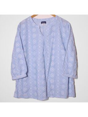 Womens Cotton Pinstripe Embroidered Popover Top Coastal Cottagecore Blue 1X